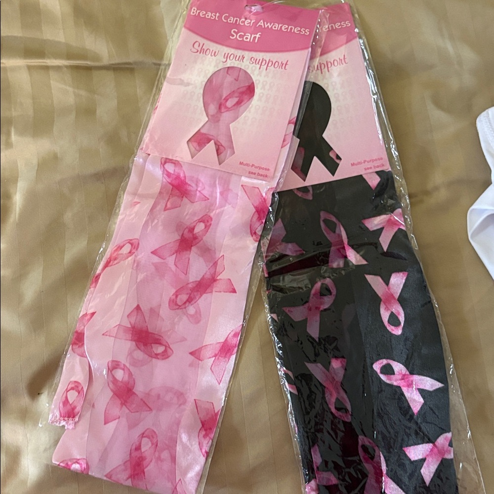 BREAST CANCER AWARENESS SCARVES Scarf Lot 2 scarves pink Black ribbon silky  NEW